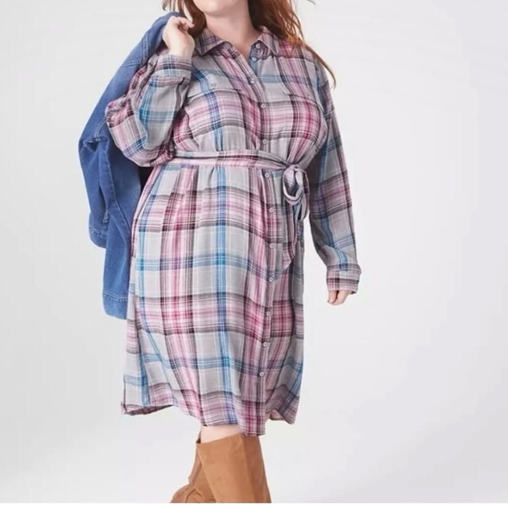 Lane Bryant Gray Pink&Blue Plaid Button Front Shirt Dress Sz.28W NWT